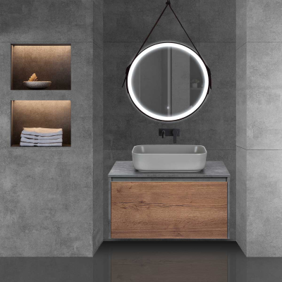 База под накладную раковину Mesa 800 подвесная, 1 выкатной/1 скрытый ящик soft close, T.Oak + Beton