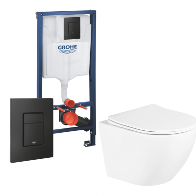 Комплект 3 в 1 инсталляция Grohe Rapid SL, Унитаз подвесной BelBagno Uno, кнопка черная в современном стиле