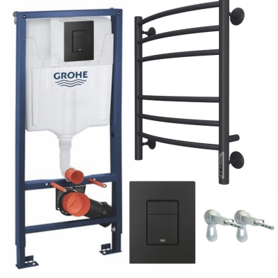 Система инсталляции Grohe 38811KF0  с черной  панелью+Полотенцесушитель электрический Terminus  Классик П6 450х600 черный матовый